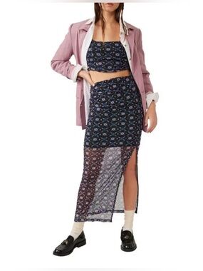 Free People Navy Floral Sheer Maxi Skirt Set with Side Slit